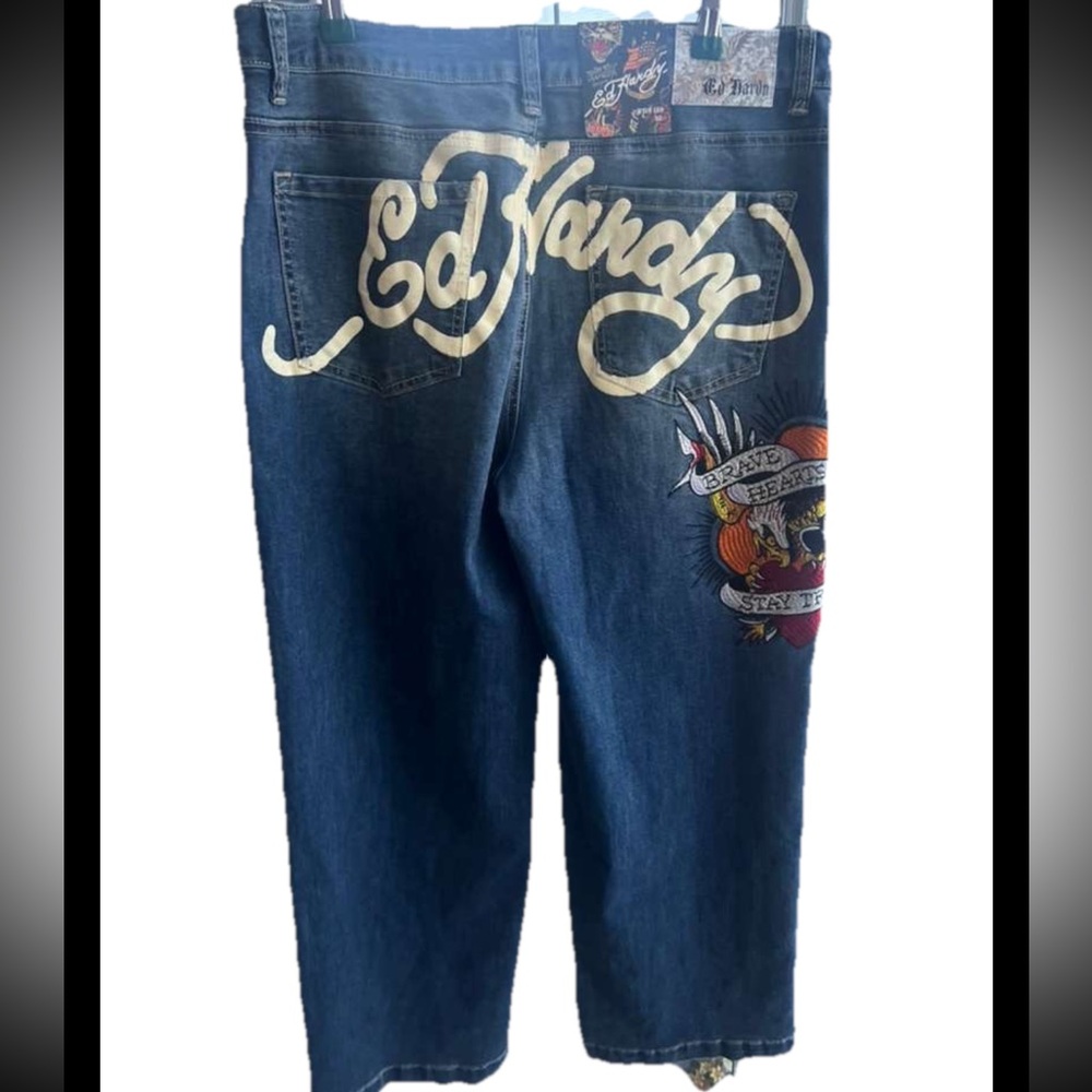 Ed Hardy Women’s Embroidered Wide Leg High Waist Jeans 90s Stretch Moto Size 32
